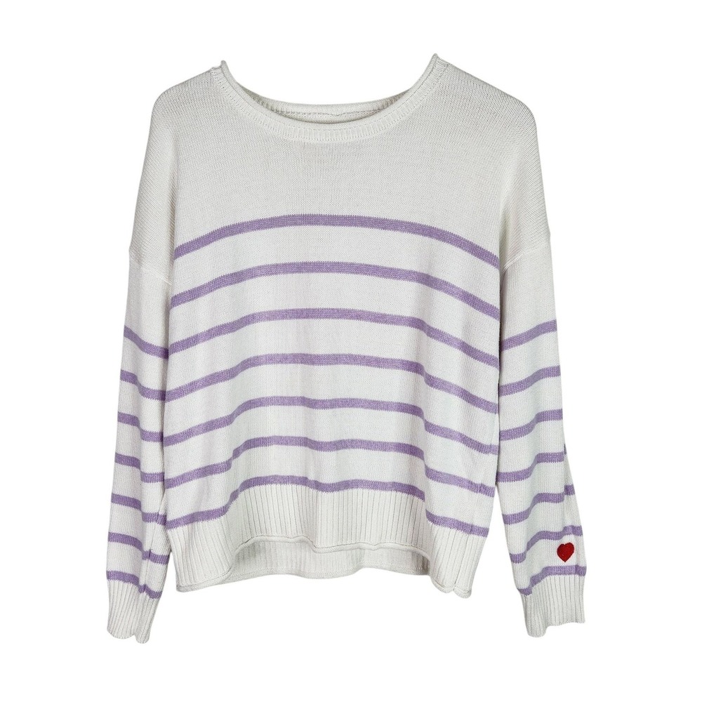 CUPCAKES AND CASHMERE Sweater Womens Large‎ White Lavender Stripe Heart Crewneck